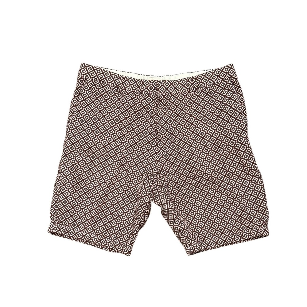 Club Monaco Coastal 100% Linen Shorts Brown Geometric Diamond Print Mens Size 36